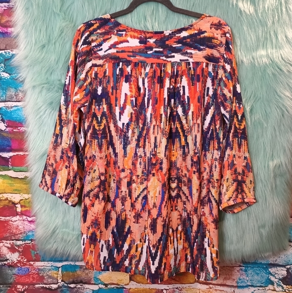 A.N.A Orange Blue and White Multi Color V-Neck Front Tie Long Sleeve Top Size L - Picture 4 of 9